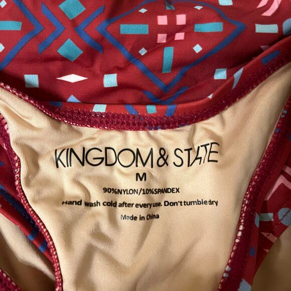 Geometric Cut-Out Bandeau Tankini in Burgundy with Multi Color Pattern Size Med - Picture 5 of 5